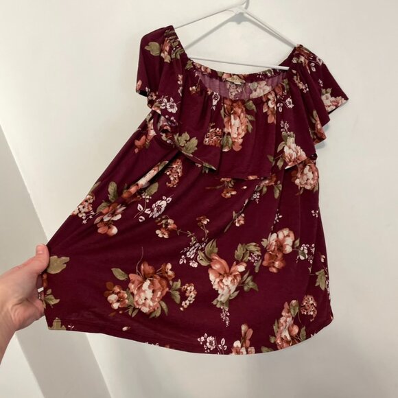 LAVISH Plus Size Burgundy Maroon Red Floral Off the Shoulder Boho Blouse JUNIORS - Picture 7 of 11